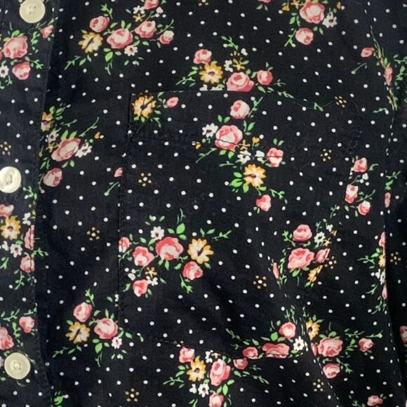 Forever 21 Black Floral Collared Buttoned Long Sleeve Cotton Blouse Size Medium - Picture 2 of 6